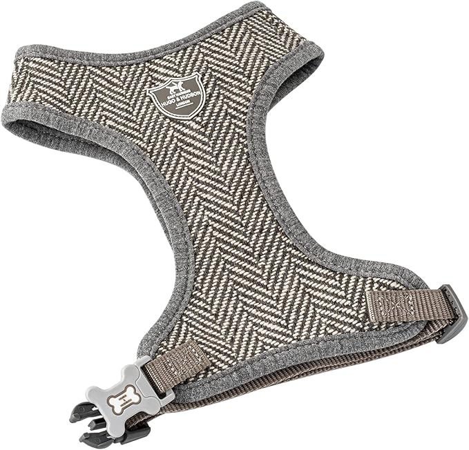 HUGO & HUDSON Dog Harness, No-Pull Anti Choke Tweed Harness Vest, Grey Herringbone, XS