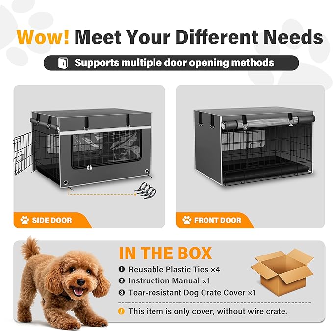 24In Tear-Resistant & Breathable Dog Crate Cover, 1680D Heavy-Duty Windproof Fabric. Efficient Moisture Removal and Ventilation. More Durable with Metal Fixtures, Gray(Cover Only)