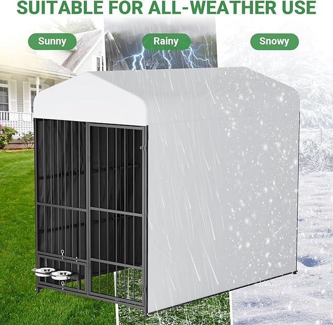 Outdoor Dog Kennel - 6.6 x 3.9 x 5.9 ft Outside Dog Kennel with Roof,Large Dog Outdoor Kennel with Rotating Feeding Bowls for Medium Small Dogs