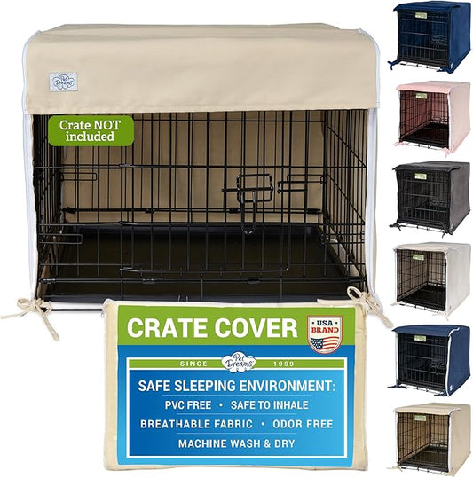 Pet Dreams Dog Crate Cover - Breathable Fabric Kennel Topper for Double-Door Crates, Fits iCrate Dog Cages 18, 24, 30, 36, 42, 48 Inches (Khaki, Small, 24")