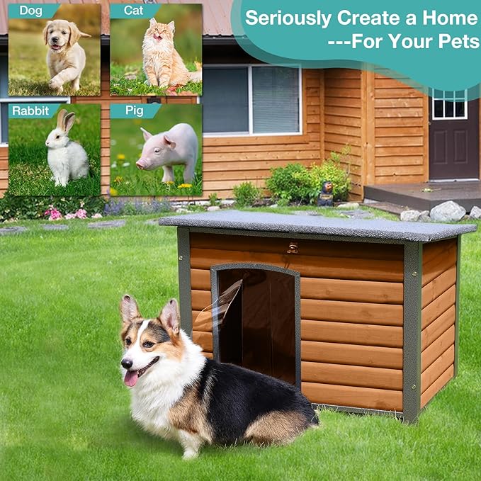 Indoor Outdoor Dog House,Anti-Chewing Iron Frame Dog Kennel,Wood Warm Pets Home,Weatherproof Outside Shelter for Feral Animal 33.5" (L) X 22" (W) X 25.2" (H) Brown