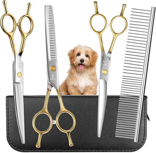 6 in 1 Dog Grooming Scissors Set - Durable Stainless Steel Golden Dog Grooming Shears Curved, Thinning & Straight - Poodle Grooming Kit Dog Groomer Gifts with Safe Tips for Home DIY/Professional Use
