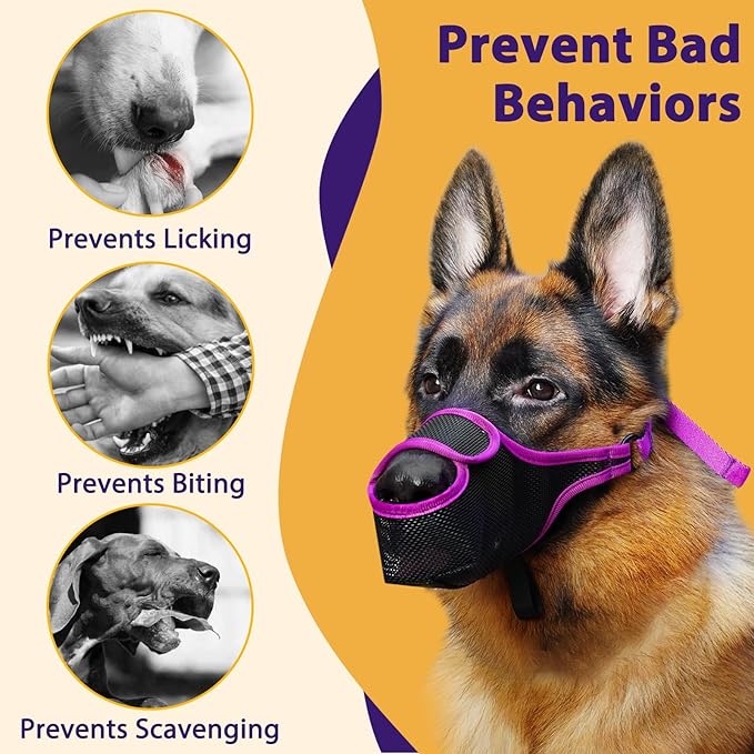 LUCKYPAW Dog Muzzle, Mesh Muzzle for Large Medium Small Dogs with Front Opening Design, Dog Mouth Cover to Prevent Biting, Licking, Chewing, Scavenging, Breathable Muzzle Allows Drinking(Purple,M)