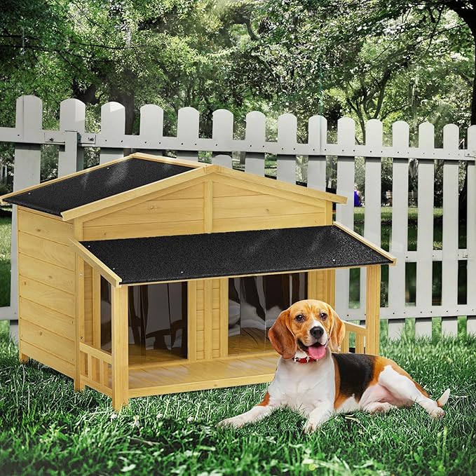 KELRIA 47.2" Dog House, Waterproof Dog Kennel, Wooden Outdoor and Indoor Dog House, Log Cabin Style with Porch,Elevated Floor, 2 Doors, Pine Wood + Natural