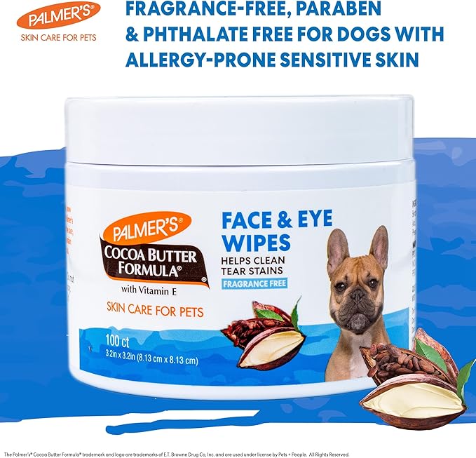 Palmer's for Pets Face and Eye Wipes with Cocoa Butter and Vitamin E, Dog Eye Cleaning and Care, Specially Fomulated for Dogs, 100ct