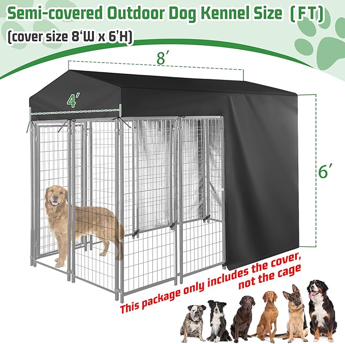 Outdoor Dog Black Cover Half Coverage for 8'Dx4'Wx6'H 600D Heavy Duty Waterproof Kennel Covers for Dog Cages(Cover Only)