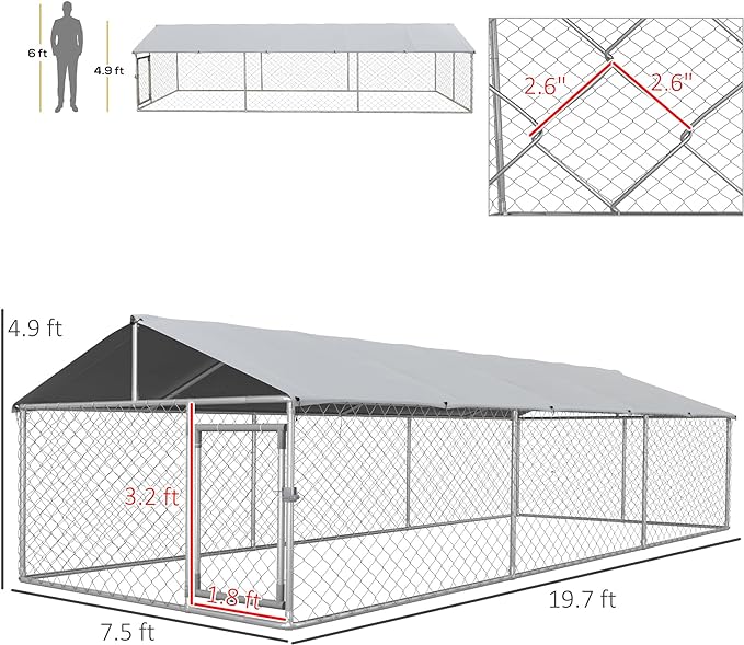 PawHut Large Dog Kennel Outside, Heavy Duty Dog Cage with Waterproof Cover, Outdoor Fence Dog Run with Galvanized Chain Link, Secure Lock, 19.7' x 7.5' x 4.9'