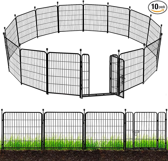 ADAVIN Tall Garden Fence 54 in(H)×22.1 Ft(L),10 Panels Dog Fence Outdoor for Yard, Heavy Duty Iron Metal Fence with Gate Low Threshold, No Dig Fence Panels, Animal Barrier Fence, Black