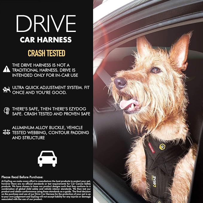 EzyDog Drive Safety Travel Dog Car Harness - Crash Tested US (FMVSS 213) - Premium Vehicle Restraint Vest for Protection and Comfort - Easy One Time Fit and Use with Car Seat Belt (Medium) Black