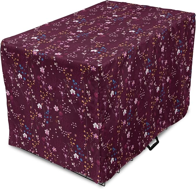 Lunarable Maroon Dog Crate Cover, Pattern of Wildflowers Scene Botanical Spring Time Elements Colorful Blooms, Easy to Use Pet Kennel Cover for Small Dogs Puppies Kittens, 22 Inch, Maroon Multicolor