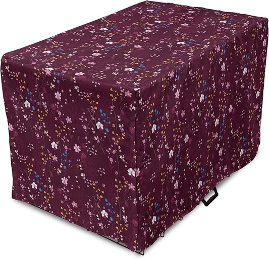 Lunarable Maroon Dog Crate Cover, Pattern of Wildflowers Scene Botanical Spring Time Elements Colorful Blooms, Easy to Use Pet Kennel Cover for Cats & Medium Dogs, 24 Inch, Maroon Multicolor