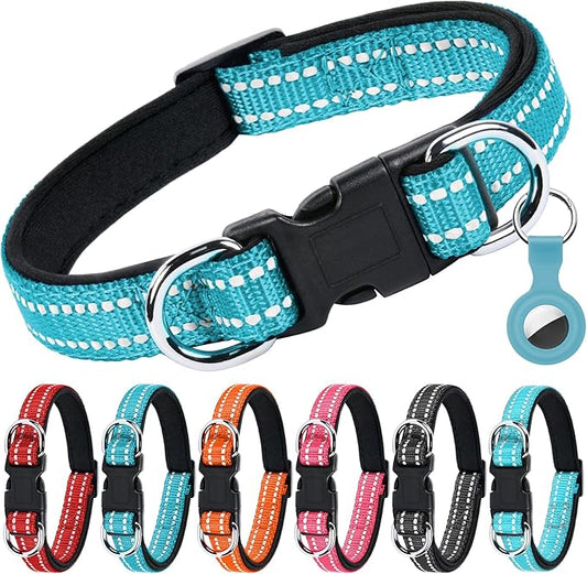 AUAUY Reflective Nylon Dog Collars, Adjustable Classic Pet Collars with Soft Neoprene Padding, Double Security Dual D-Ring and Quick Release Buckle for Small Puppy, Medium and Large Dogs (Lake Blue-S)