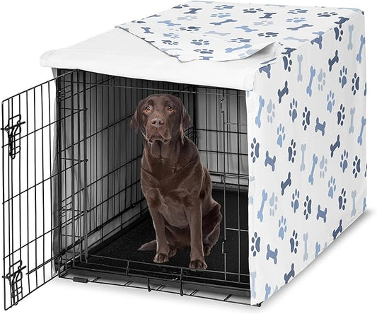 Sweet Jojo Designs 42in. Medium/Large Dog Crate Cover (Bones and Paw Prints) for Boys Pet Cage, Kennel Covers (Modern, Cartoon, Doggy, Puppy, Neutral, Paws Print, Whimsical, Playful, Slate Navy Blue)