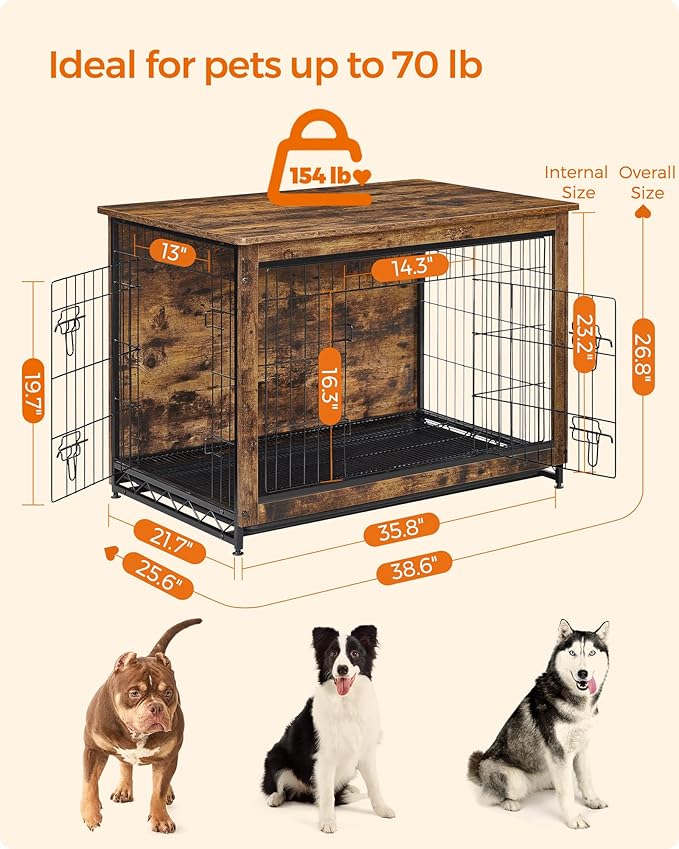 Feandrea Dog Crate Furniture, 38.6" Side End Table, Modern Kennel for Dogs Indoor up to 70 lb, Heavy-Duty Dog Cage with Multi-Purpose Removable Tray, Double-Door Dog House, Rustic Brown UPFC003X01