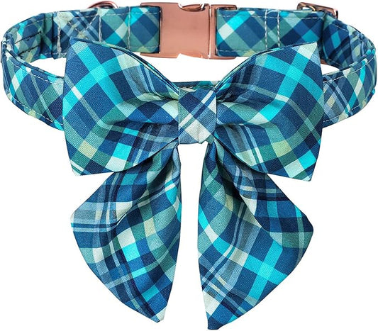 Maca Bates Plaid Blue Dog Collar with Checkered Bow Bowtie for Grid Dogs Bows Tie Adjustable Breakaway Collars Birthday Gift Colar for Small Medium Large XL Girl Boy Male Female Puppy Pets