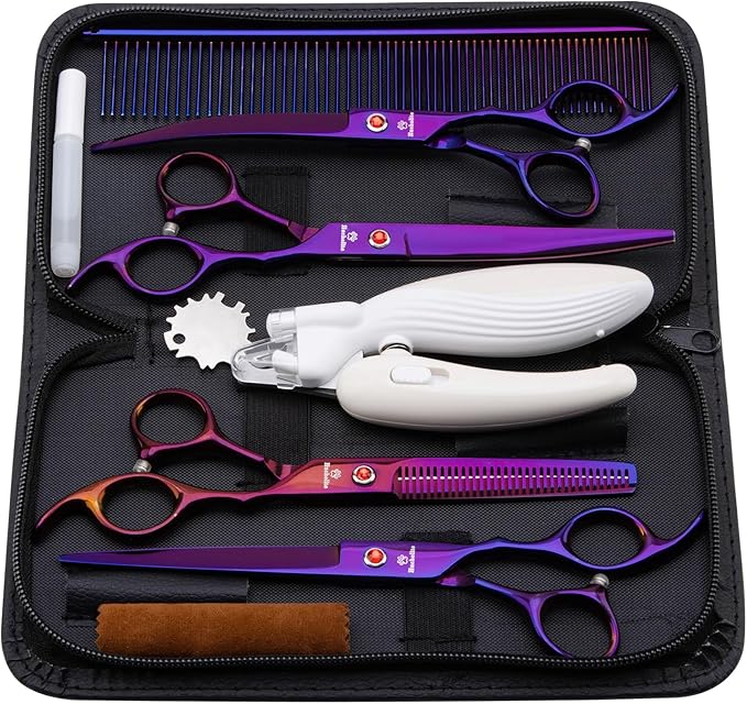 8.0 in 9CR Titanium Professional dog grooming scissors set,Grooming Scissors for Dogs Cats,Pet nail clippers,Shears, Straight,Curved,Thinning Shears,Comb for Full Body,Face, Nose,Ear,Paw