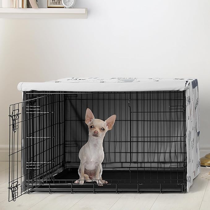 Sweet Jojo Designs Cartoon Puppy Print Dog Crate Cover – Kennel Covers for 24 Inch Pet Cage Small - Neutral Grey Taupe Blue White Modern Bulldog Wiener Doggy Paw Print Gray