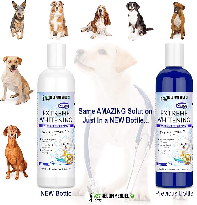OMG Extreme Dog Whitening Shampoo (16 Oz) - Coconut Based 100% Safe - Free from Soaps, Detergent, Bleach & Fragrance - Make Your Dog's Coat Clean, Silky and Smooth. Made in USA