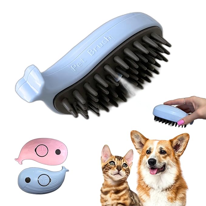 Self-Cleaning Deshedding Brush with Steam for Cats and Dogs - Silicone Whale Model for Grooming Loose Hair (Baby Blue and Pink)