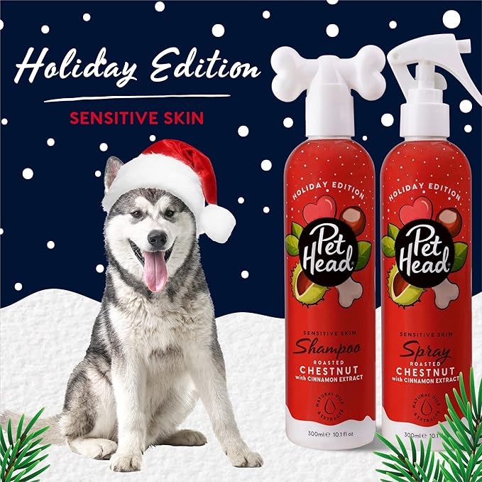 Pet Head Festive Dog Shampoo and Spray Set | Roasted Chestnut with Cinnamon Scent |Christmas Shampoo for Dogs with Sensitive Skin | Vegan | Gentle Formula for Puppies | Made in USA | 10.1 fl. oz. each