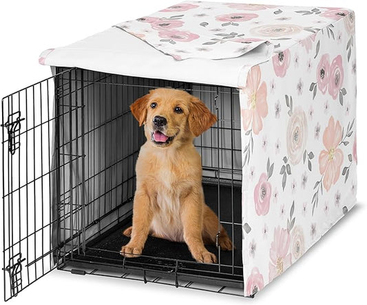 Sweet Jojo Designs Blush Pink Grey Boho Floral Dog Crate Cover – Kennel Covers for 36 Inch Pet Cage Medium - Bohemian Farmhouse Shabby Chic Rose Lily Watercolor Flower Elegant Gray and White