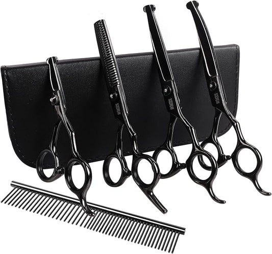Professional Dog Grooming Scissors with Safety Round Tips, 6 in 1 Dog Grooming Scissors Kit, 4CR Stainless Steel Professional Pet Grooming Shears for Dog, Sharp and Durable, Black