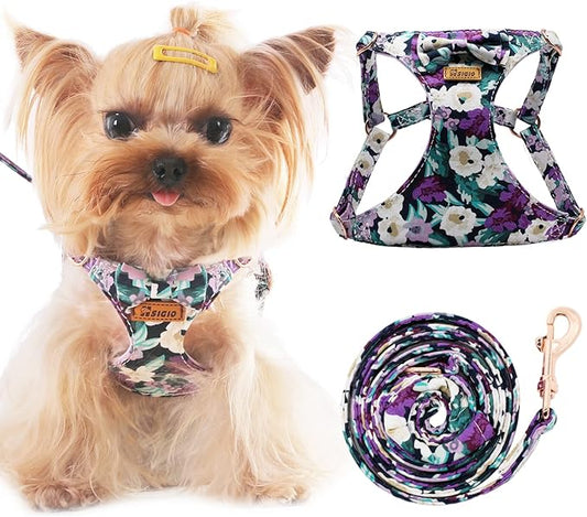No Pull Small Dog Harness and Leash Set, Soft Adjustable Floral Puppy Dog Harness Vest for Extra Small-Medium Pet Dogs and Cat, Purple Flower, Small