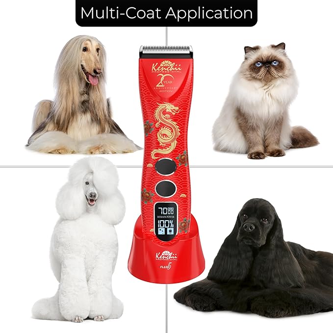Kenchii Flash 5 Red Dragon Limited Edition - 5-in-1 Digital Cordless Clipper - Precision Pet Grooming: Trim, Shape, and Style Effortlessly USB-C Charging (Red)