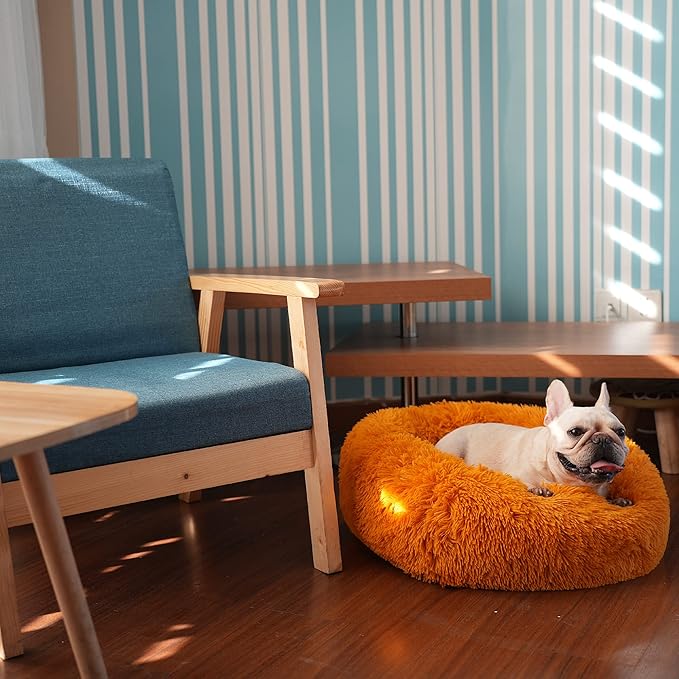 Dog Bed for Calming Dog 23 Inches Orange Anti-Anxiety Donut Puppy Bed for Small Medium Dogs Washable Fuzzy Dog Bed Fits up to 25 lbs Pets Beds for Small Dog