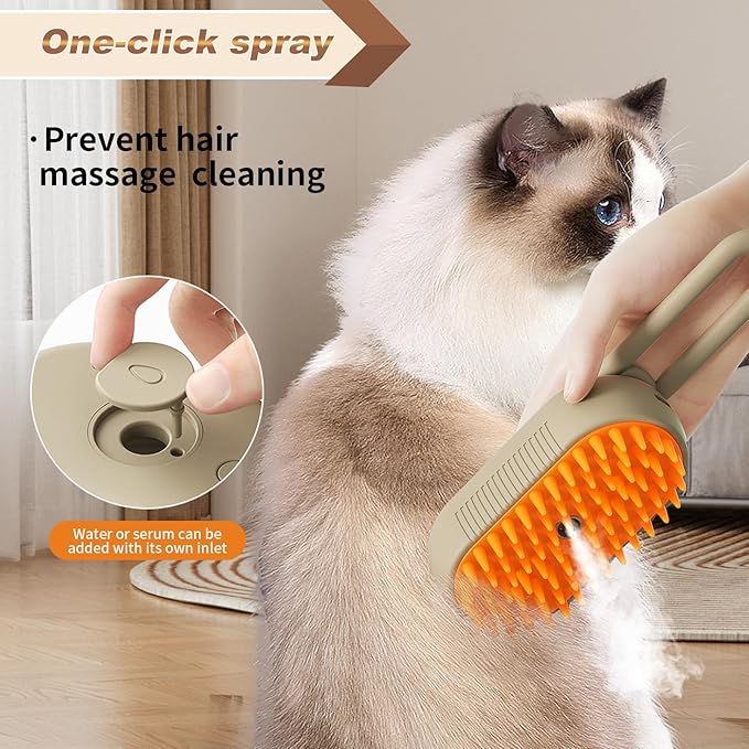 Steam Brush for Cats & Pets - 3 In 1 Steamer for Grooming, Deshedding, and Taming Animal Fur (Brown)