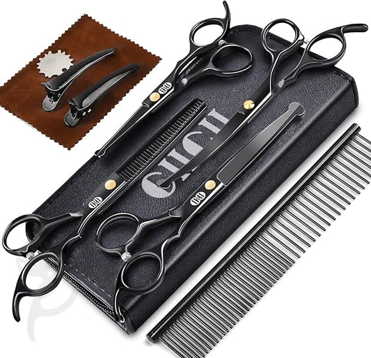 CIICII Dog Grooming Scissors Kit, 10-In-1 Professional Pet Grooming Scissors Set with Safety Round Tip (Dogs/Cat Hair Cutting Trimming Thinning Shears with Curved Scissors) for DIY Home Salon (Black)