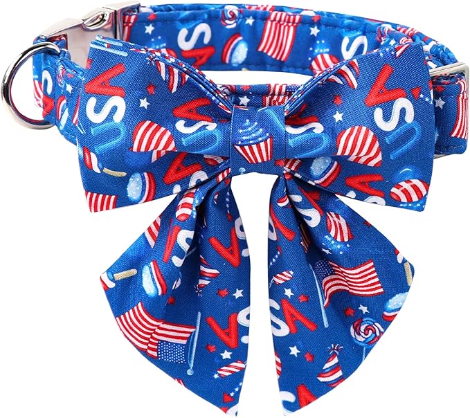 Lionet Paws Patriotic Dog Collar with Sailor Bow, 4th of July, Soft and Comfortable Adjustable American Flag Collar for Dogs, Medium, Neck 13.5-22 inches