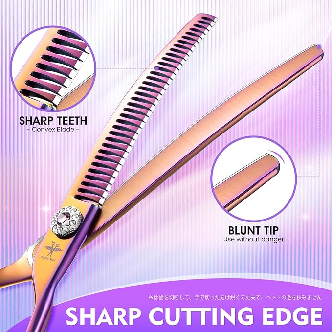 PURPLEBIRD Curved Shears Dog Grooming Chunkers, 7 inch Professional Thinning Scissors Safety Blunt Tip Trimming Scissors for Dogs Cats Face Paws Limbs Japanese Stainless Steel (Multicolor)