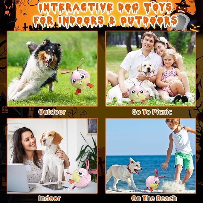 QDAN Rabbit Dog Toys Soccer Ball with Straps, Easter Day Dog Toys for Medium Small Dogs, Interactive Dog Balls for Tug of War, Herding Dog Ball Toys Outdoor Indoor (6 Inch)