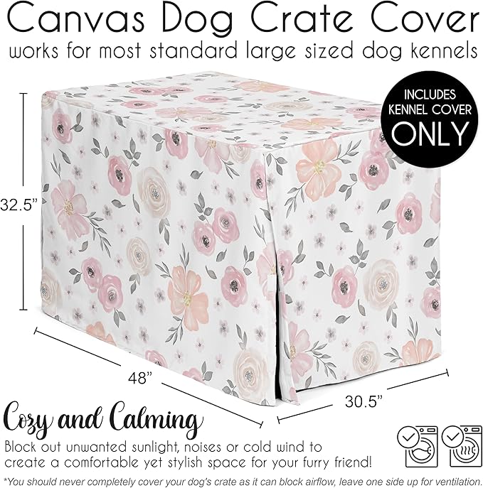 Sweet Jojo Designs Blush Pink Grey Boho Floral Dog Crate Cover – Kennel Covers for 48 Inch Pet Cage Large - Bohemian Farmhouse Shabby Chic Rose Lily Watercolor Flower Elegant Gray and White