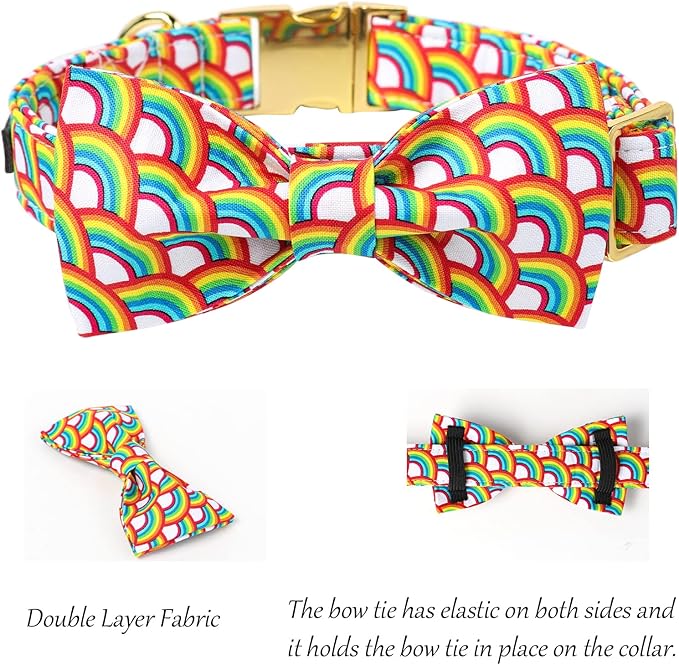 Lionet Paws Rainbow Dog Collar with Bowtie, Soft and Comfortable Adjustable LGBT Pride Bowtie Collar for Large Dogs Male Female Gift, Neck 16-24 inches