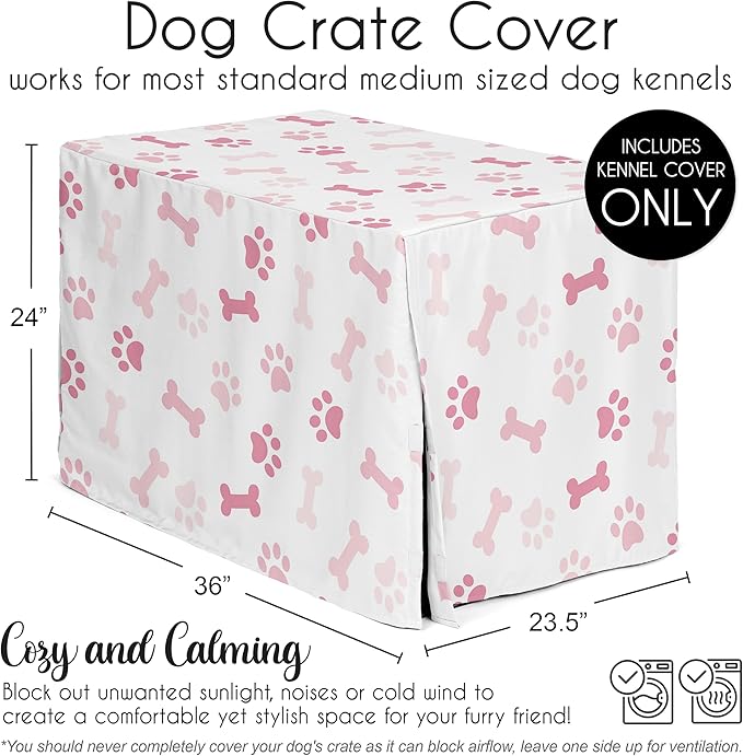 Sweet Jojo Designs 36in. Medium Dog Crate Cover (Bones and Paw Prints) Pet Cage, Kennel Covers (Modern, Cartoon, Doggy, Puppy, Neutral, Paws Print, Whimsical, Playful, Pastel, Blush Pink & Off White)