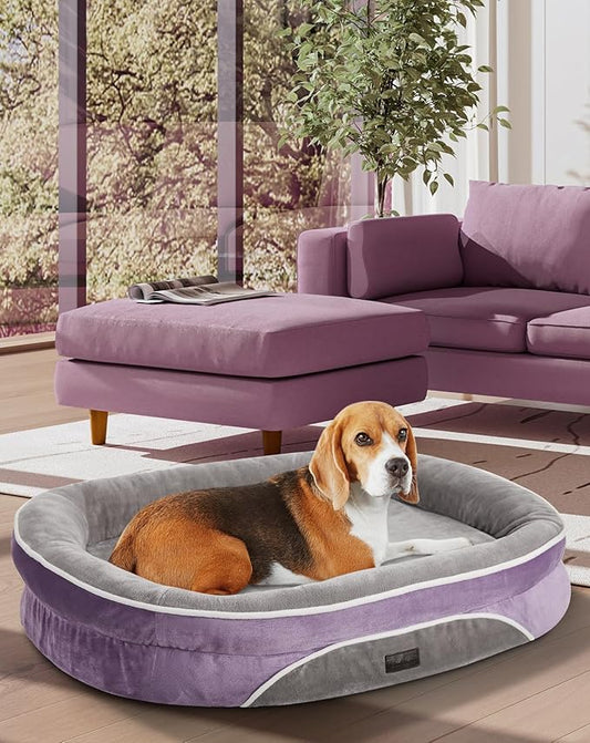 OhGeni Orthopedic Dog Bed for Large Dogs, Dog Couch Design with Egg Foam Support, Removable, Washable Plush Cover and Non-Slip Bottom with Four Sided Bolster Cushion (Purple)