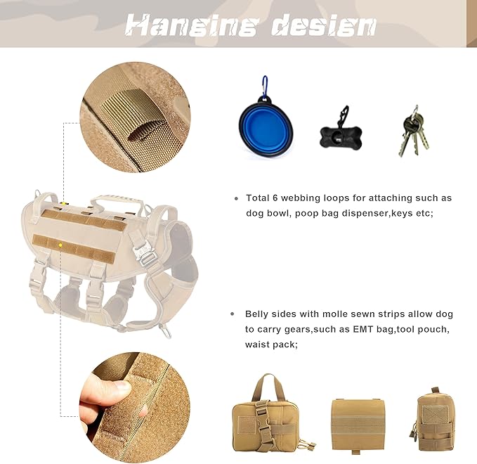 PET ARTIST [Upgrade] Tactical Dog Harness for Hiking Training, No Pull Vest Harness for Medium Large Dogs, with Pouches and Patches Brown, L