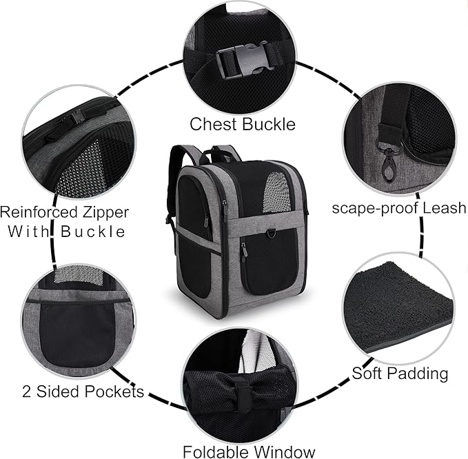 Apollo Walker Pet Carrier Backpack for Large/Small Cats and Dogs, Puppies, Safety Features and Cushion Back Support for Travel, Hiking, Outdoor Use (Gray-Expandable)