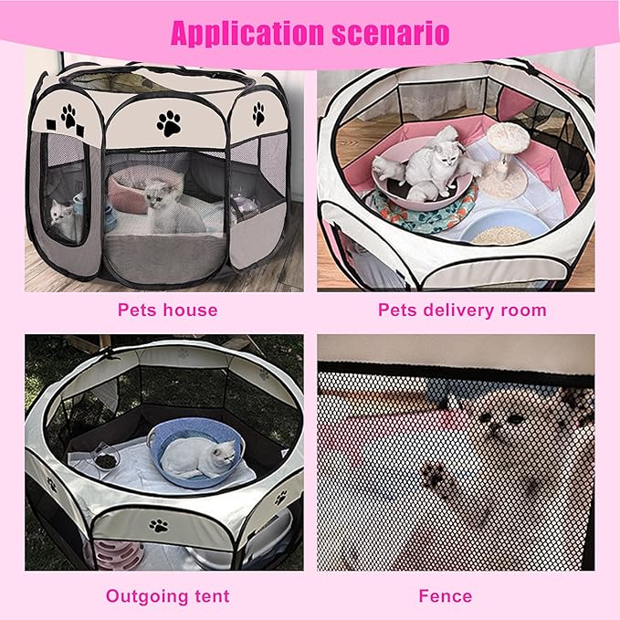 Portable Dog Playpen, Pet Play Pen for Indoor Outdoor Cat, Adult Kitten/Puppy Exercise Playpen Tent Birthing Box, Waterproof Travel Dog Camping Cage for Medium Large Dog Animal House (Pink)