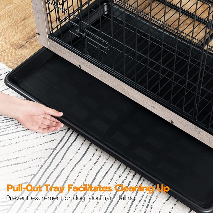 HOOBRO Dog Crate Furniture, 38.6" Large Dog Kennel Indoor, Wooden Dog Crate with Pull-Out Tray, Double Doors Dog House, Modern Side End Table for Small/Medium/Large Dog, Greige BG982GW03