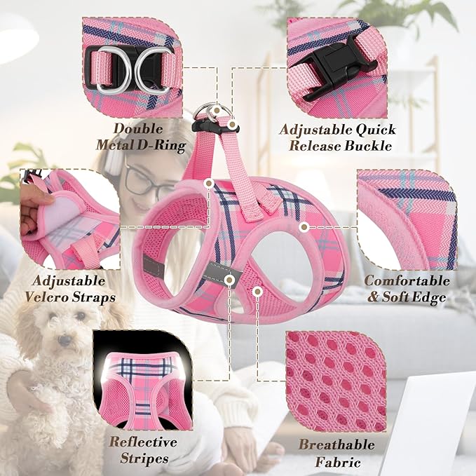 Athena Collection Step-in Dog Harness with 5 ft Leash, Small to Medium Dog Harness Leash Set Medium No Pull Dog Vest Harness with Reflective Strips Adjustable Velcro, Easy Walk Puppy Harness, Pink
