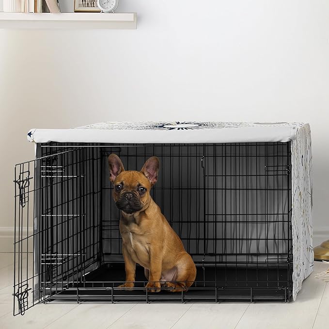 Sweet Jojo Designs Navy Blue Star and Moon Dog Crate Cover – Kennel Covers for 30 Inch Pet Cage Small/Medium - Gold Grey Celestial Sky Stars Gray Shabby Chic