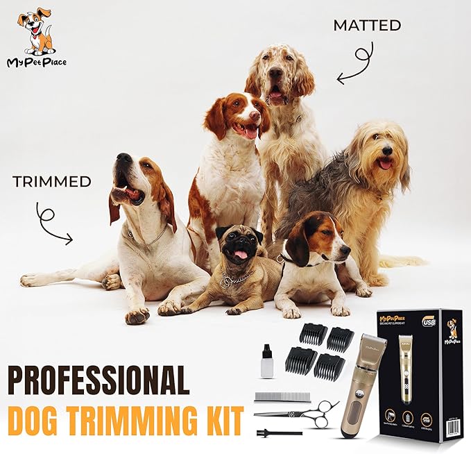 Anti-Clogging Dog Hair Clipper – Cordless, Waterproof & Rechargeable Pet Grooming Trimmer for Thick Coats – Low Noise, High-Power Blade for Dogs & Cats (Gold)