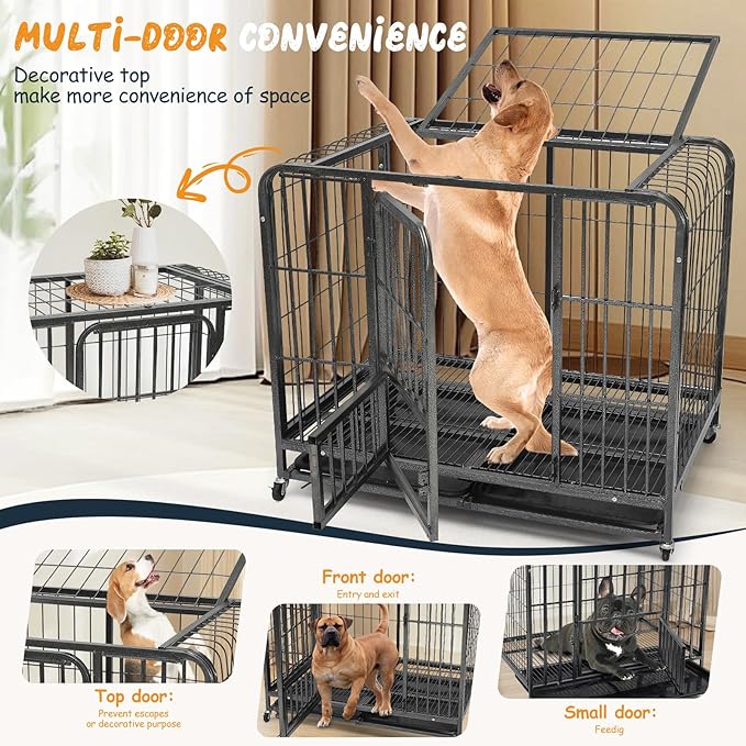 31 Inch Dog Crates for Small Medium Dogs Pets Indoor, Indestructible Enhanced Cage Kennel with 3 Doors, Wheels and Removable Tray, Heavy Duty Escape Proof Carrier, 31 x 21 x 29 Inch