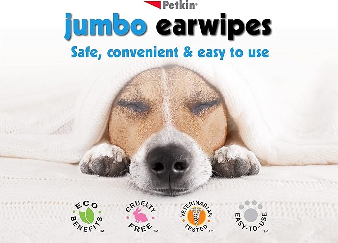 Petkin Jumbo Pet Ear Wipes, 80 Extra Moist Wipes - Soothing & Deodorizing Pet Ear Cleaner to Remove Dirt, Odor, & Wax - Safe, Convenient, & Easy to Use Pet Wipes for Dogs, Cats, Puppies & Kittens