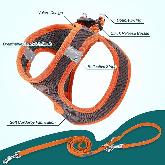 Dog Harness with Multifunction Dog Leash,No Pull Reflective Step-in Harness for Soft Adjustable No Choke Escape Proof,Easy Walk Dog Harness for Puppy,Small Dogs (Orange&Dark Grey, XS)
