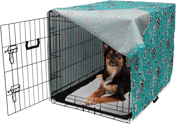 Lunarable Flower Dog Crate Cover, Abstract Monochrome Floral with Botanical Items, Easy to Use Pet Kennel Cover for Medium Large Dogs, 36 Inch, Seafoam Grey