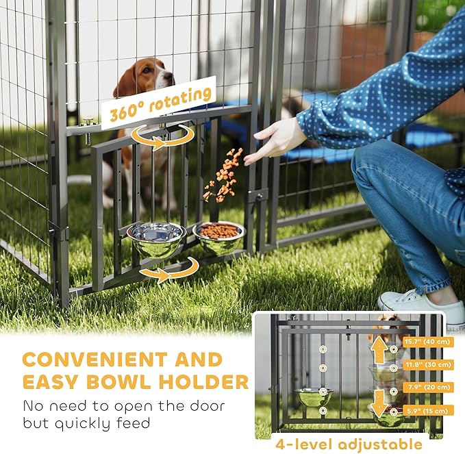 PawHut 5.9' x 4' x 6' Outdoor Dog Kennel, Welded Wire Heavy Duty Dog Run with 360° Rotating & 4 Level Adjustable Bowls, Dog Kennel Outside with Waterproof & UV Resistant Cover, for S&M Dogs